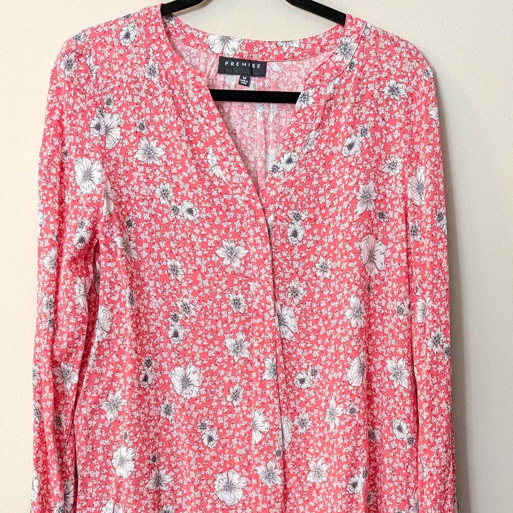 Premise Women's Coral Floral Long Sleeve Blouse – Size Medium